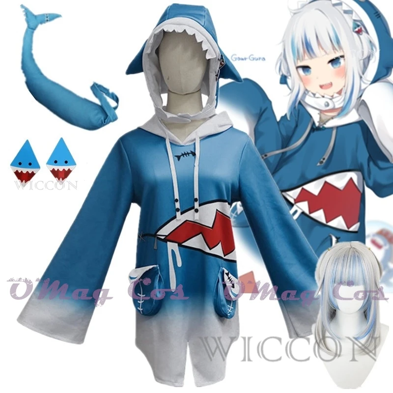 Gawr Gura Shark Cosplay Costume Hololive Vtubers Holo EN Hoodie For Girl Kids Holo Gauru Shark Tail Haircilp Wig Cos Full Set