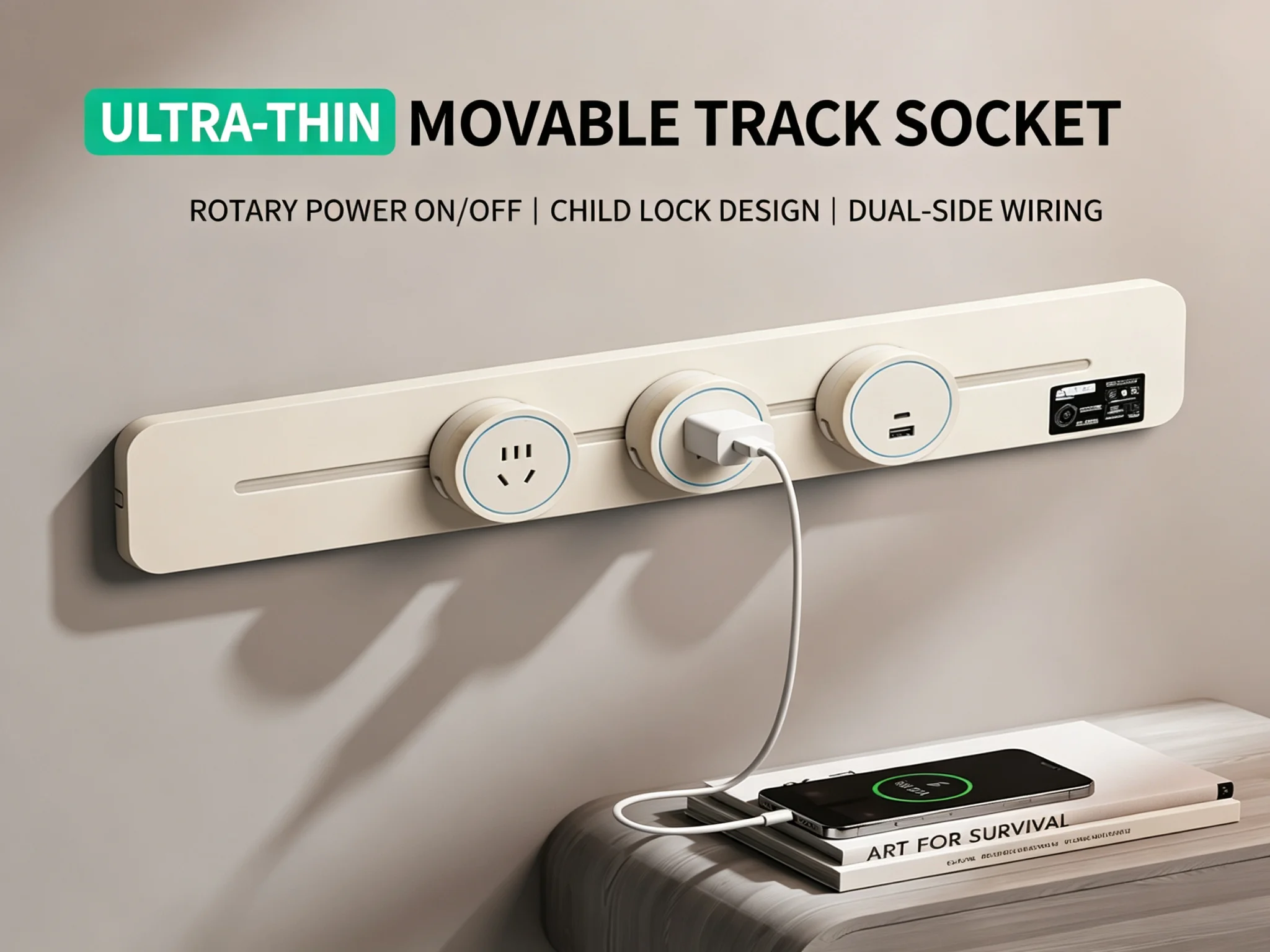 20W USBC FastCharging UltraThin Track Socket for Home Office Desks Side Cabinets