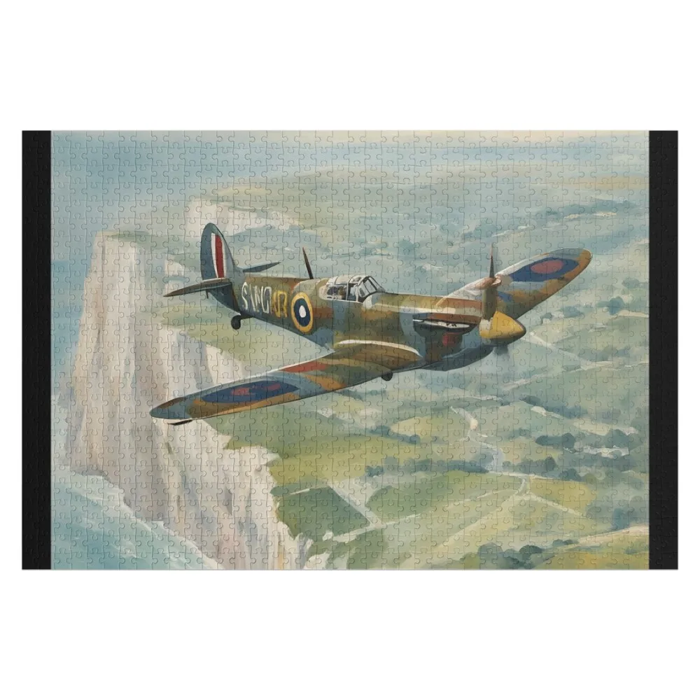 Spitfire Fighter Aircraft WWII Over White Cliffs Jigsaw Puzzle Personalize Iq Wood Name Wooden Adults Puzzle