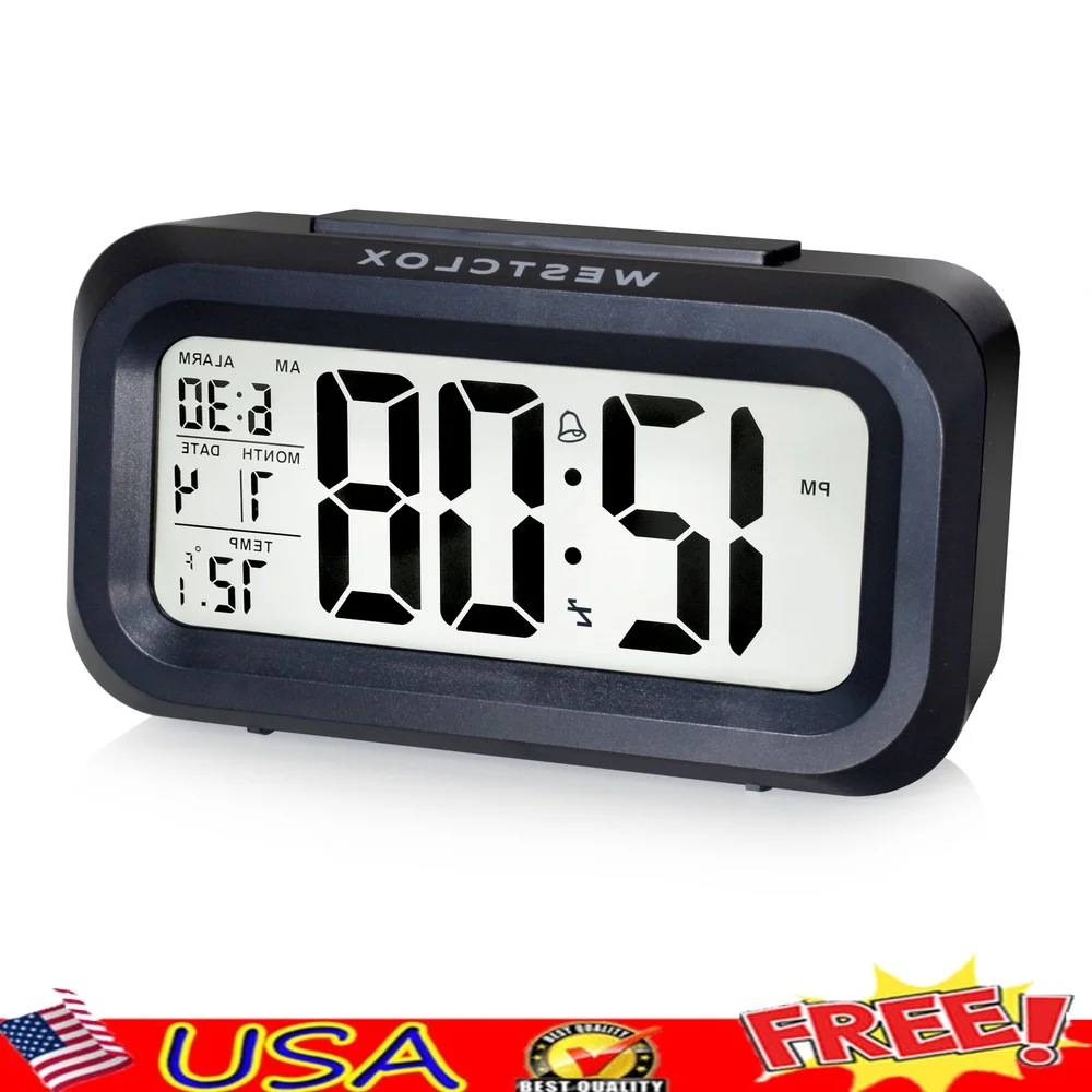 

Black Digital Alarm Clock with Large LCD Display LED Backlight Snooze Function Indoor Temperature Battery Operated Calendar Date