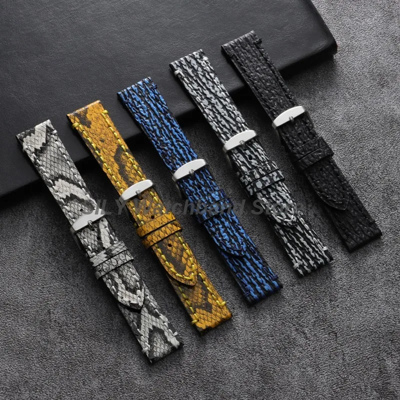 Embossed Snake Shark Skin Pattern Leather Strap Handmade Genuine Leather Watchband 18mm 20mm 22mm Bracelet Men Women Wristband ﻿