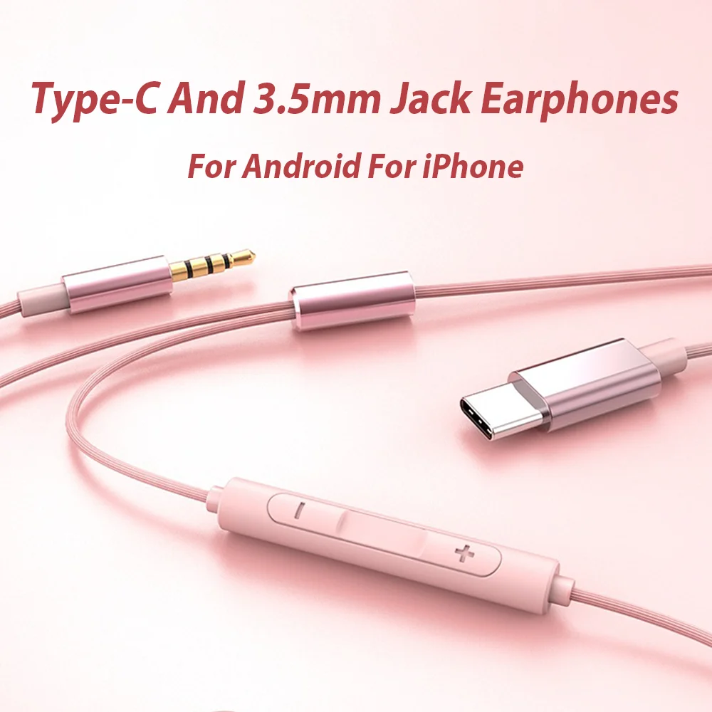 USB C Headphone HiFi Bass Stereo Volume Control Mic Type C 3.5mm Wired Earbuds For Galaxy S25 S24 S23 Ultra iPhone 16 15 Pro Max