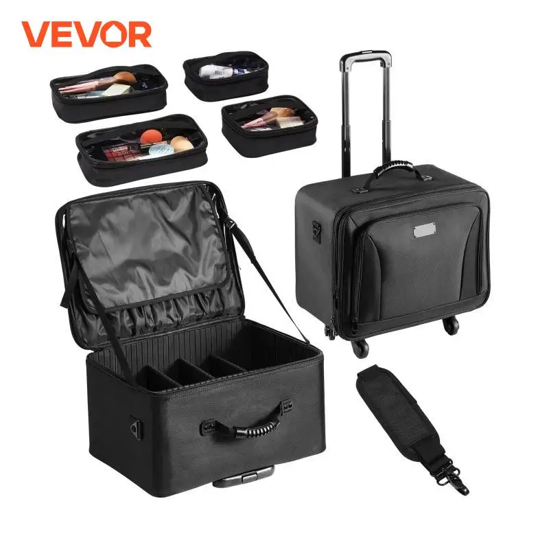 VEVOR Rolling Makeup Train Case Large Storage Convenient Carry With Handle Wheels Strap Makeup Organizer Box Waterproof Oxford