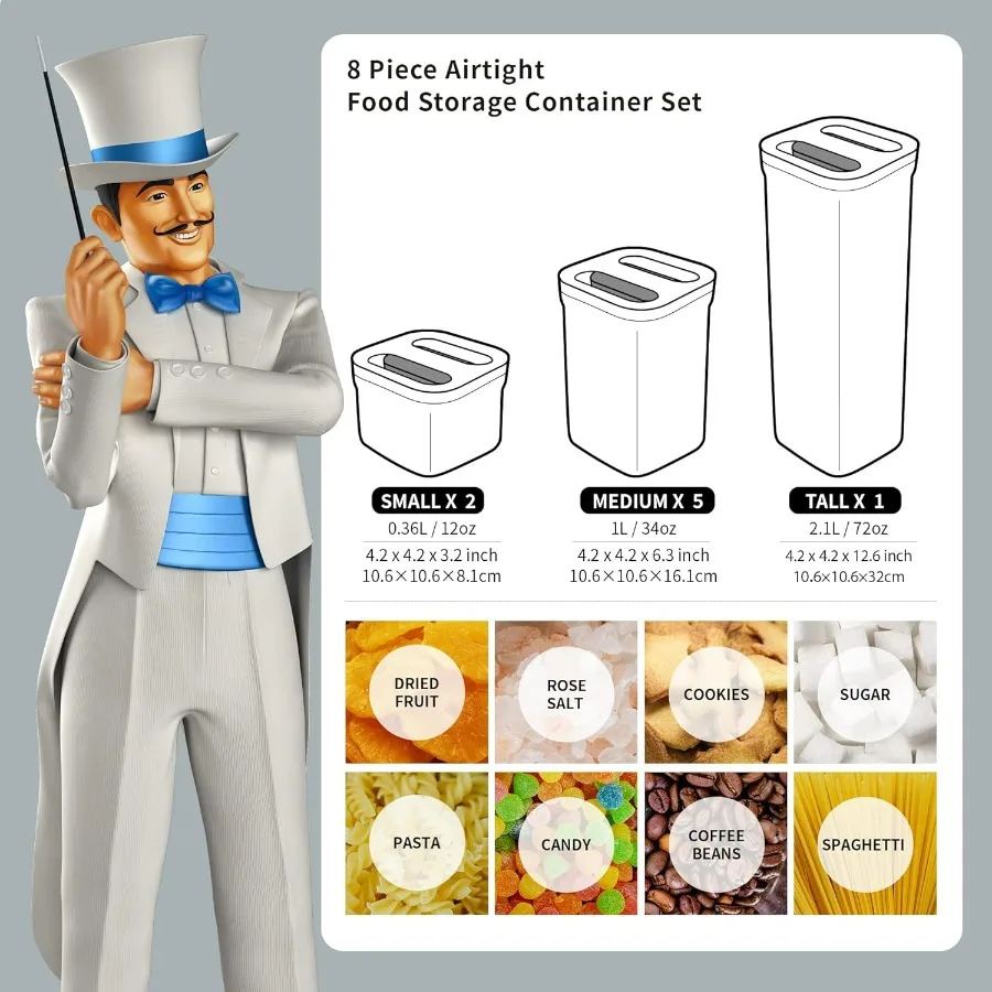 MR.SIGA 8 قطع محكم الغذاء تخزين الحاويات مجموعة BPA الحرة مخزن المطبخ منظمة علب بيد واحدة محكم البلاستيك C