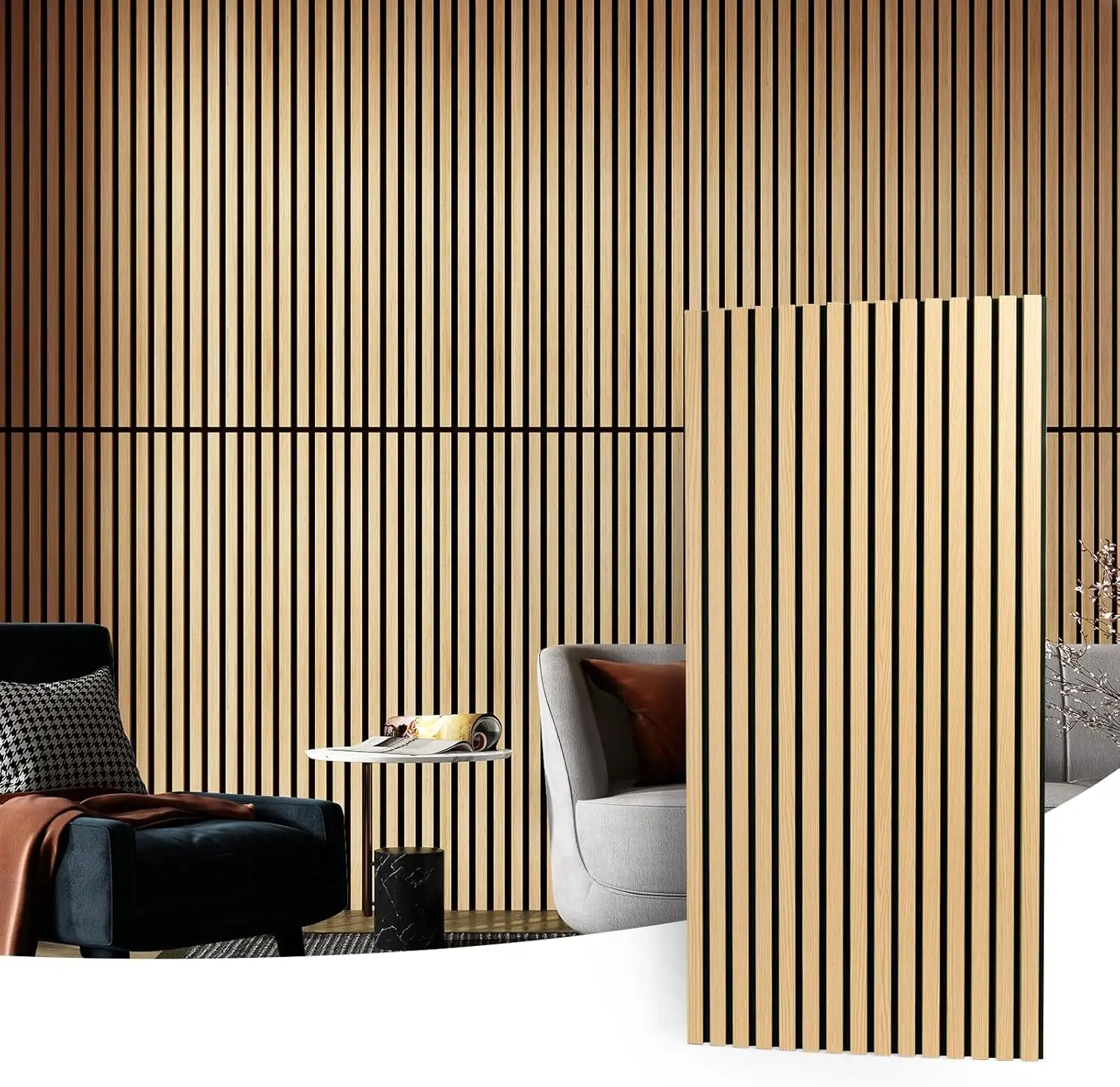 3D 2 Wood Slat Acoustic Panels for Wall and Ceiling, 23.6x47.2 inches Fluted Sound Absorbing Panel with Wood Finish - Walnut