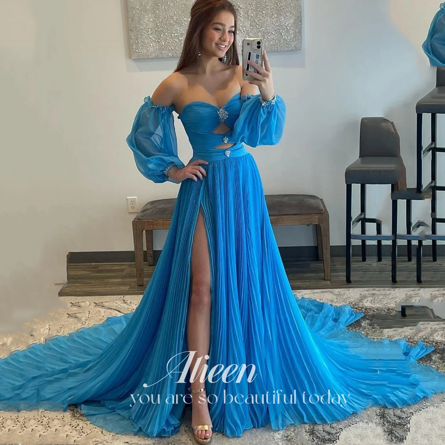 

Aileen A-line Elegant Guest Wedding Dress Puff Sleeves Gown Chiffon Saudi Women Evening Blue Dresses Luxury 2023 Gala Long Tail