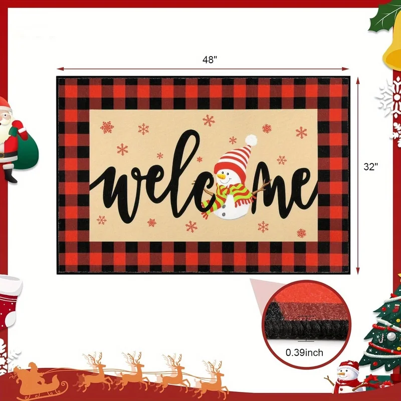 VIKAMA Farm Style Christmas Doormat, Buffalo Checkered Anti Slip Welcome Mat, Washable Indoor And Outdoor Entrance Carpet