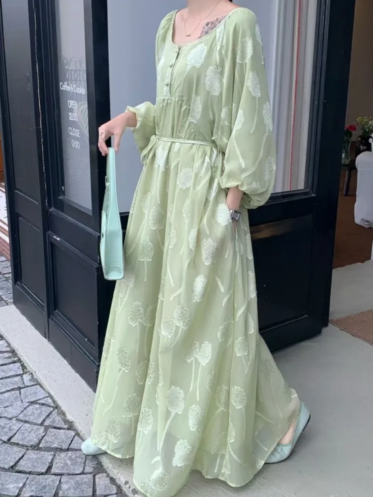 Sukienki maxi damskie Lemongor z żakardową tkaniną w kwiaty, na ramiączkach, z dekoltem w serek, bufiastymi rękawami, luźne, eleganckie, codzienne sukienki na imprezę, wakacje, długa sukienka, nowość 2025