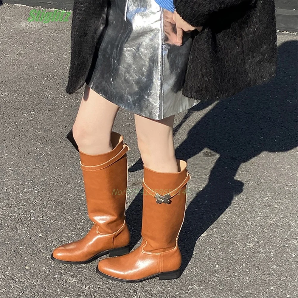 Solid Knee-High Boots Zip Small Round Toe Lock Decoration Low-Heeled Genuine Leather All-Match Fashion Daily 2024 New Concise