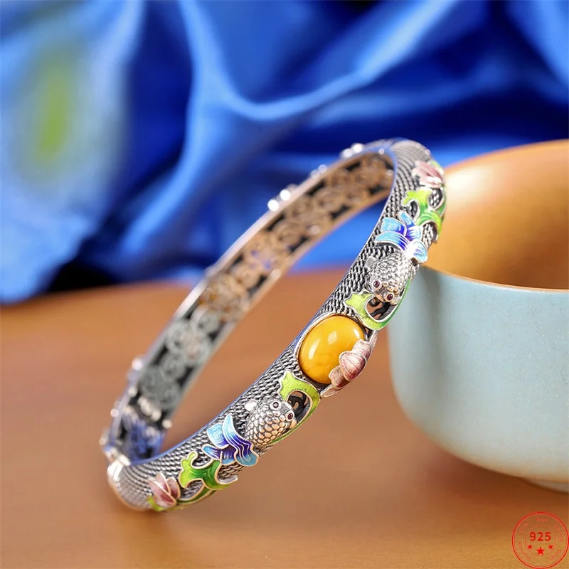 

S925 Sterling Silver Charms Bracelets for Women Filigree Cloisonne Fish Lotus Inlaid Mellite Bangle Fashion Jewelry Wholesale