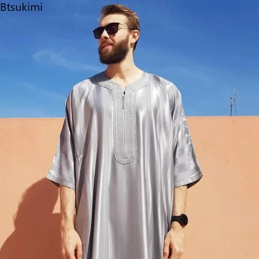 Robe longue arabe musulmane pour hommes, vêtements islamiques brodés, Jubba Thobes zones me, caftan marocain, robe de prière Eid, nouvelle mode 2025