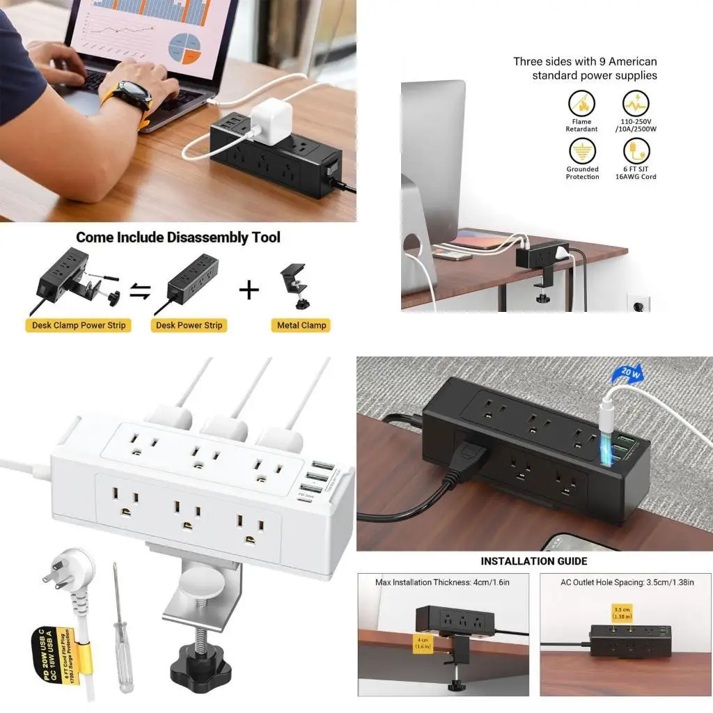 

652F Настольные зажимы Удлинители Настольная розетка Съемные зажимы Розетка с USB C 6,0-футовым удлинителем с плоской вилкой