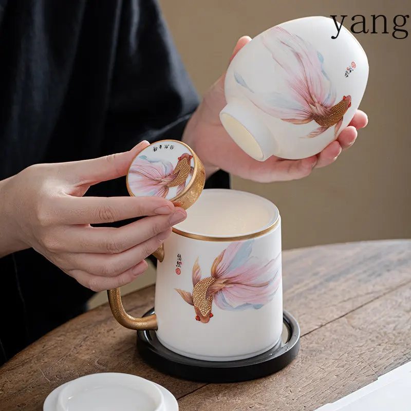 CX Dujingshan room suet jade white porcelain office cup with lid filter, high-end gift-giving household cup
