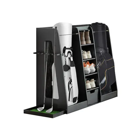 LZBEITEM 55.5''x16''x37''(LxWxH) Wooden Golf Bag Storage Rack, High Quality Wooden Golf Bag Rack with Drawers, Black