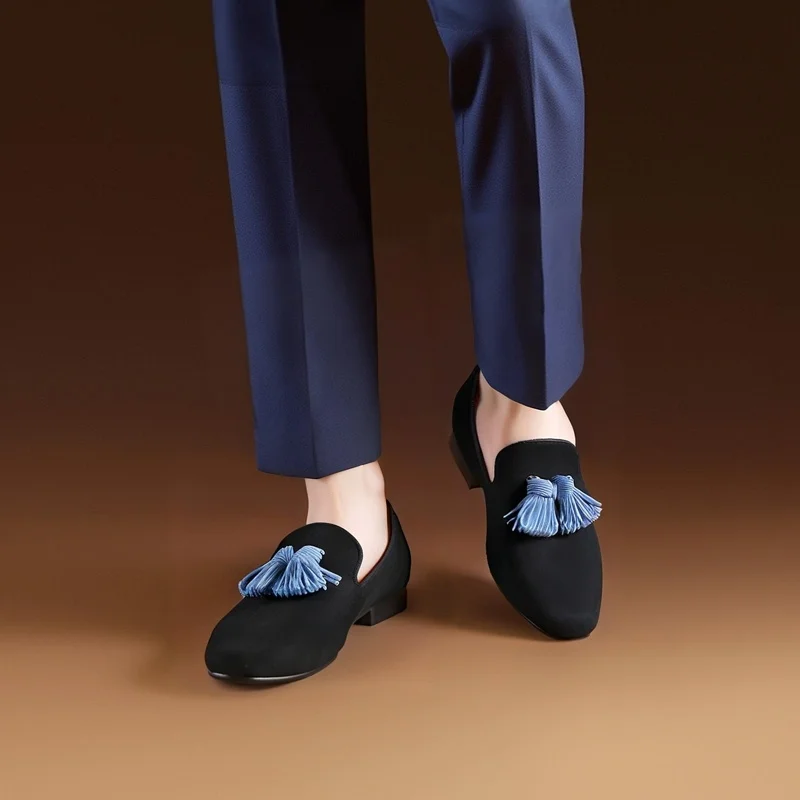 

Piergitar Black Suede Men's Loafers With Multi-Colored Handmade Tassels For Party And Wedding Red Color Bottom Smoking Slippers