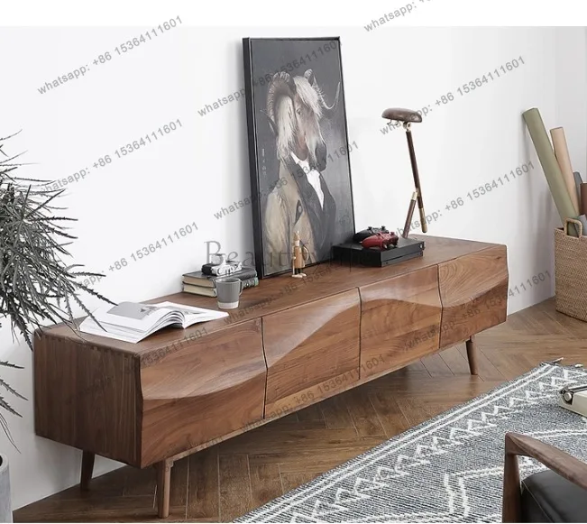 yj9 All solid wood TV cabinet black walnut four drawers Nordic Japanese cherry pure solid wood floor cabinet oak