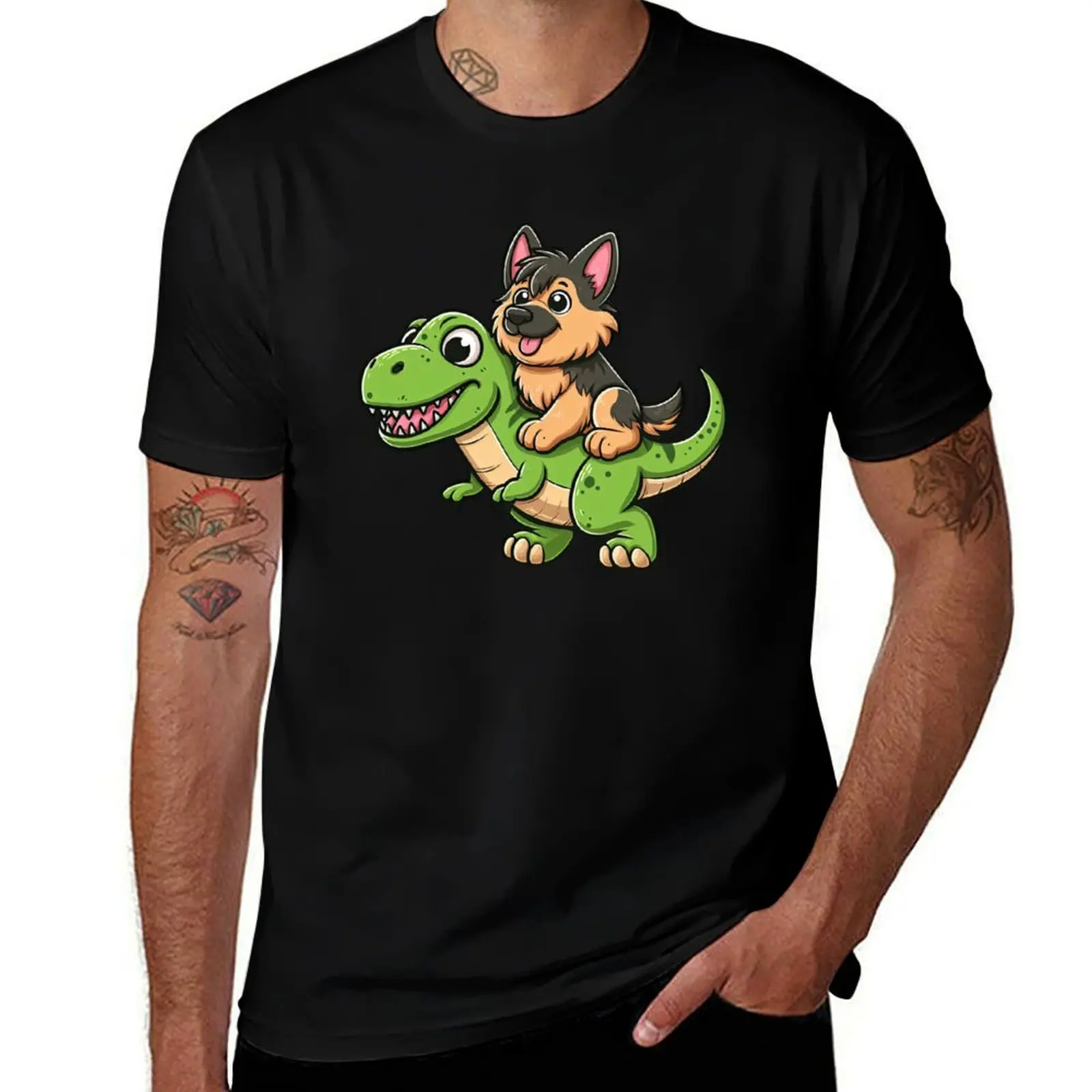 

German Shepherd Dog T-Rex Dinosaur T-Shirt Classic Crew Neck Cotton T-Shirt