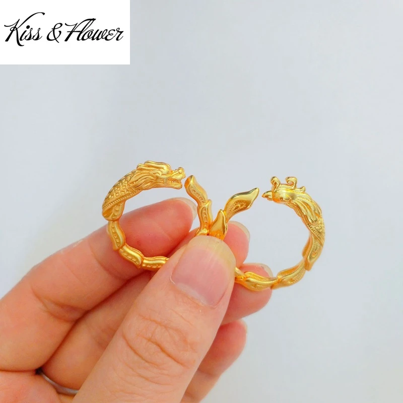 KISS&FLOWER Gold Dragon Phoenix Open Rings For Women Men Couple Lovers Wedding Party Birthday Christmas Bride Groom Gifts RI186