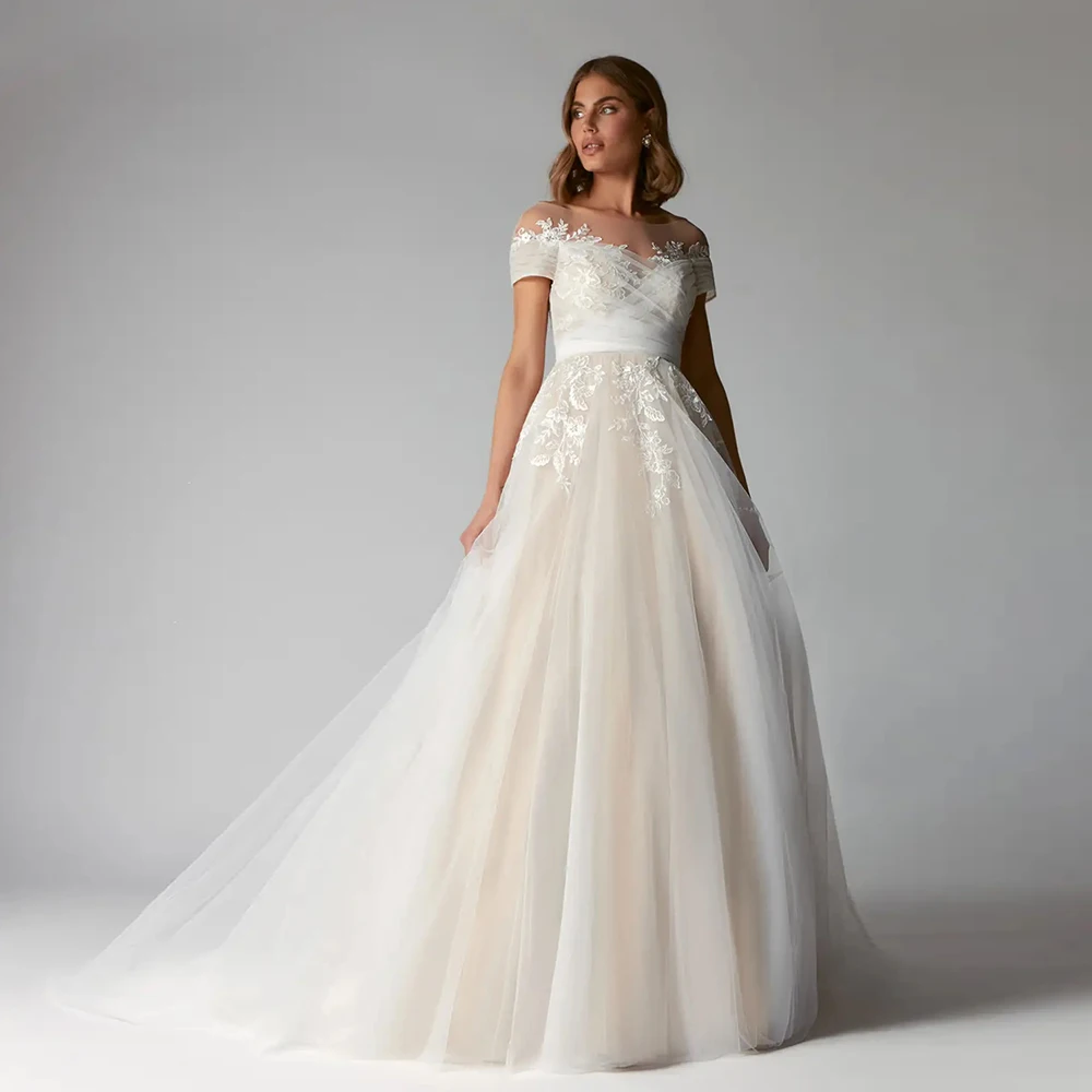 Modern Strapless Wedding Dresses for Women Short Sleeve Bridal Gowns with Lace 2024 Summer Soft Tulle Vestido De Novia Zipper