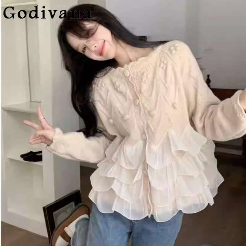 

Осенний женский нежный свитер большого размера с оборками, милый модный свитер для девочек, универсальный возрастной свободный корейский вязаный топ