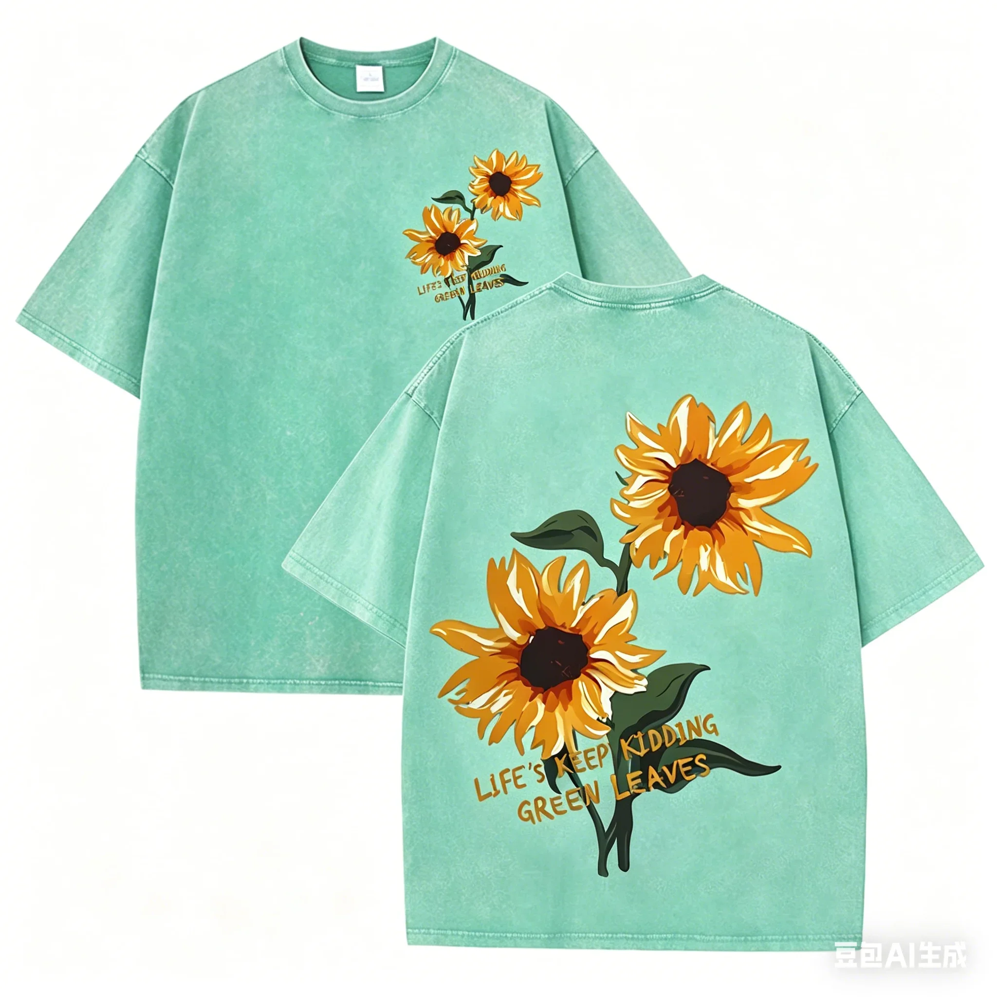 Retro Sonnenblumen-Grafik T-Shirt Grün Acid Wash Lässige Streetwear Unisex Tee – Detail 7