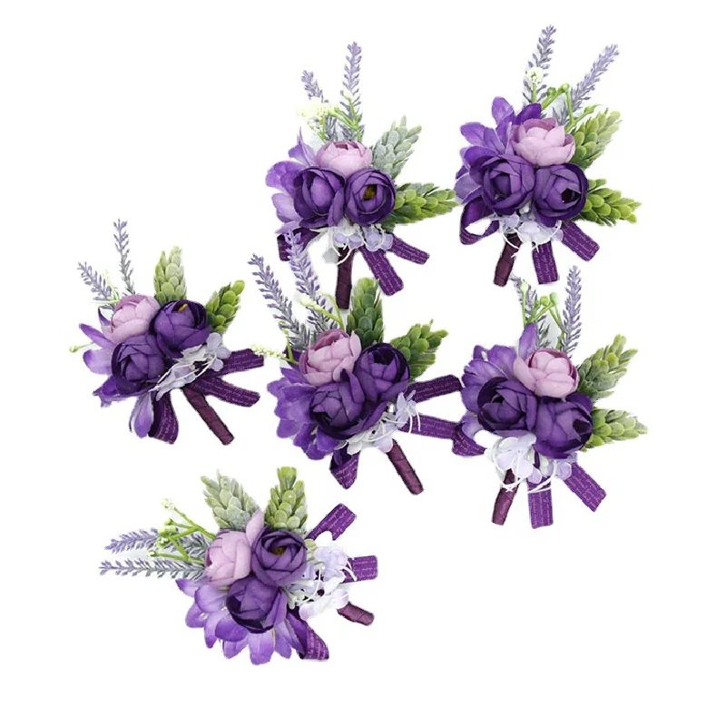 Boutonniere y ramillete de muñeca para boda, suministros florales de simulación, flores para Celebración de negocios, invitados, Morado, 439