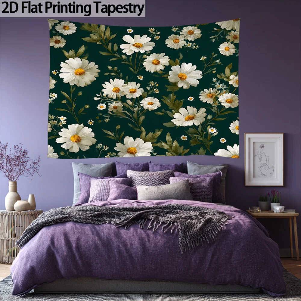 2D Flat, 1pc White Daisy Botanical Print Floral Tapestry - Dark Green Foliage & Yellow Centers on Dark Background, Horizontal Po