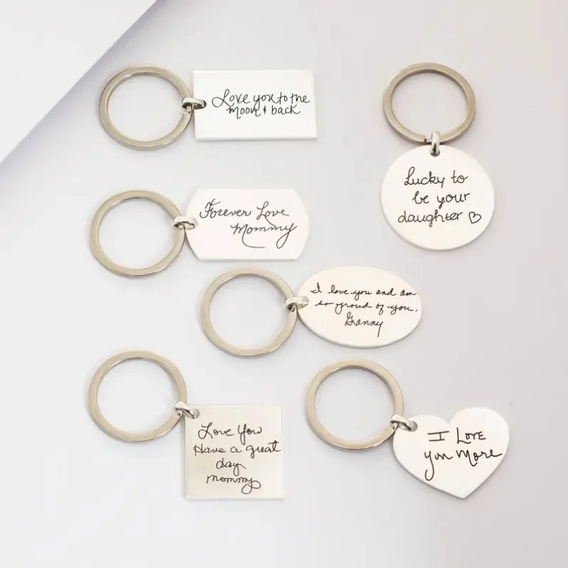 Custom Real Handwriting Engraved Stainless Steel Keychain Personalized Hand Script Text Keepsake Gift for Mom Daughter Family