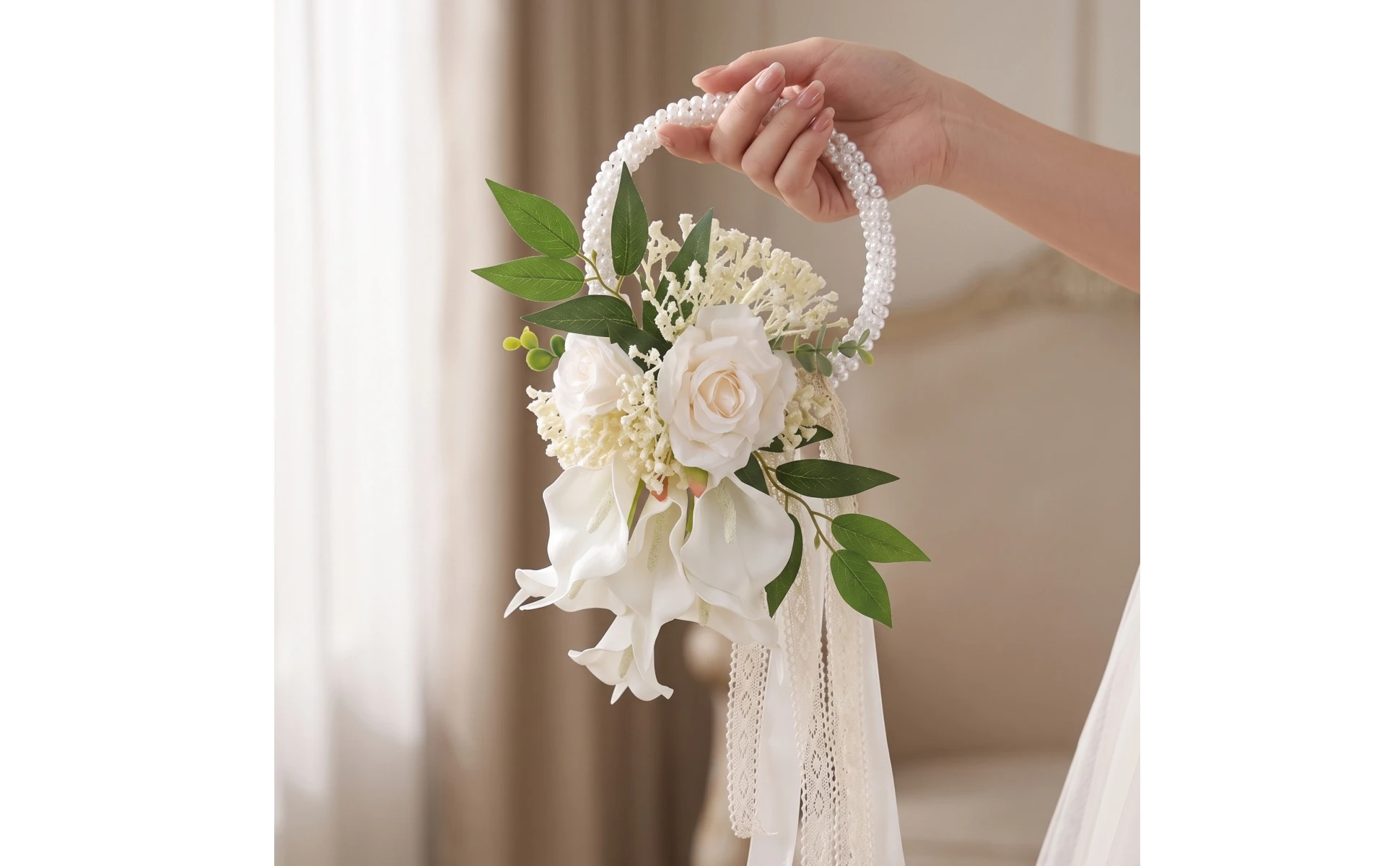 Wedding Bouquet with Pearl Handle Decorative Bridal Bouquet with Pearl Handle Handheld Flower Arrangement Elegant Flowers Formal