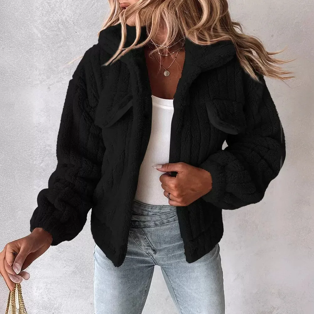 Casaul Winter Clothes Women Coat 2024 New Solid Color Warm Jacket Turn-Down Collar Buttoned Long Sleeved Thick Fur Tops Y2k