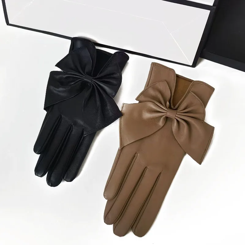 Guantes de piel de oveja auténtica para mujer, decoración de lazo, estilo fino, negro y marrón, invierno, nueva moda