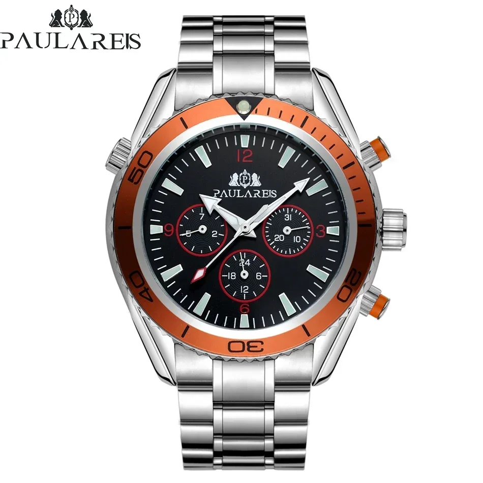 

Мужские автоматические часы с механическим механизмом, ремешок из нержавеющей стали, оранжевый, синий, черный циферблат, Безель, Классические мужские часы