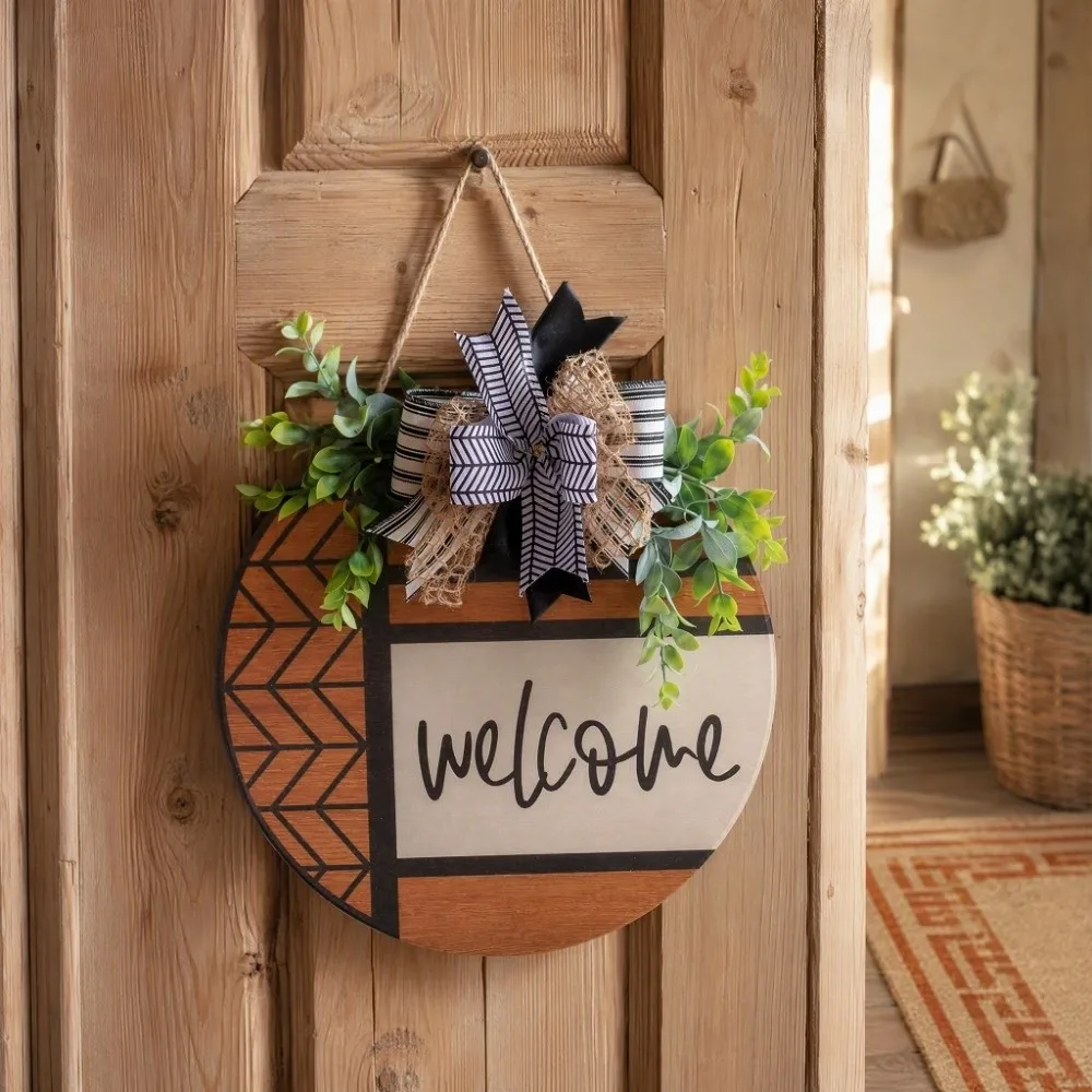 Personalized Wooden Welcome Sign Bow Knot Artificial Plant Door Wreath Round Shape Welcome Hanging Decoration Porch Decor