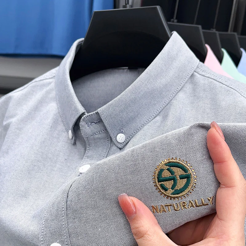 cotton100% men's high quality autumn long sleeves shirt lapel embroidery solid color t-shirt leisure fashion men's clothing tops