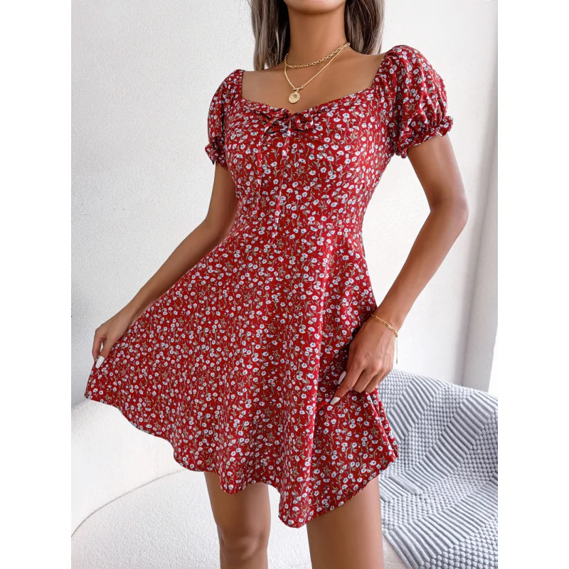 insWind Real Shot Spring and Summer Leisure Bell Sleeve Drawstring Lace Floral Large Swing Dress Independent Station Women's Clo