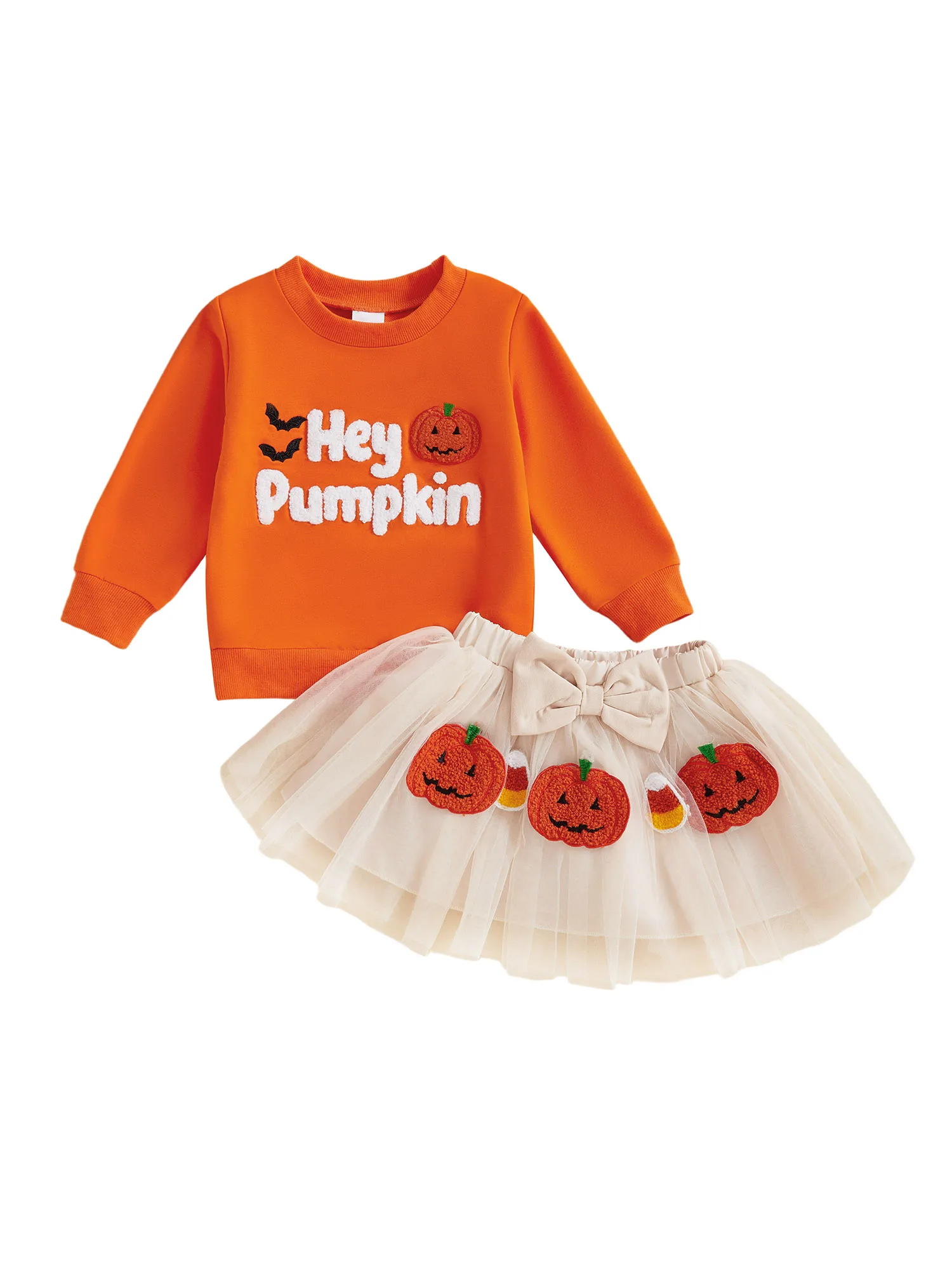 

Cute Infant Girl Halloween Costume Pumpkin Print Long Sleeve Top Witch Hat Embroidered Elastic Waist Tutu Skirt with Bow