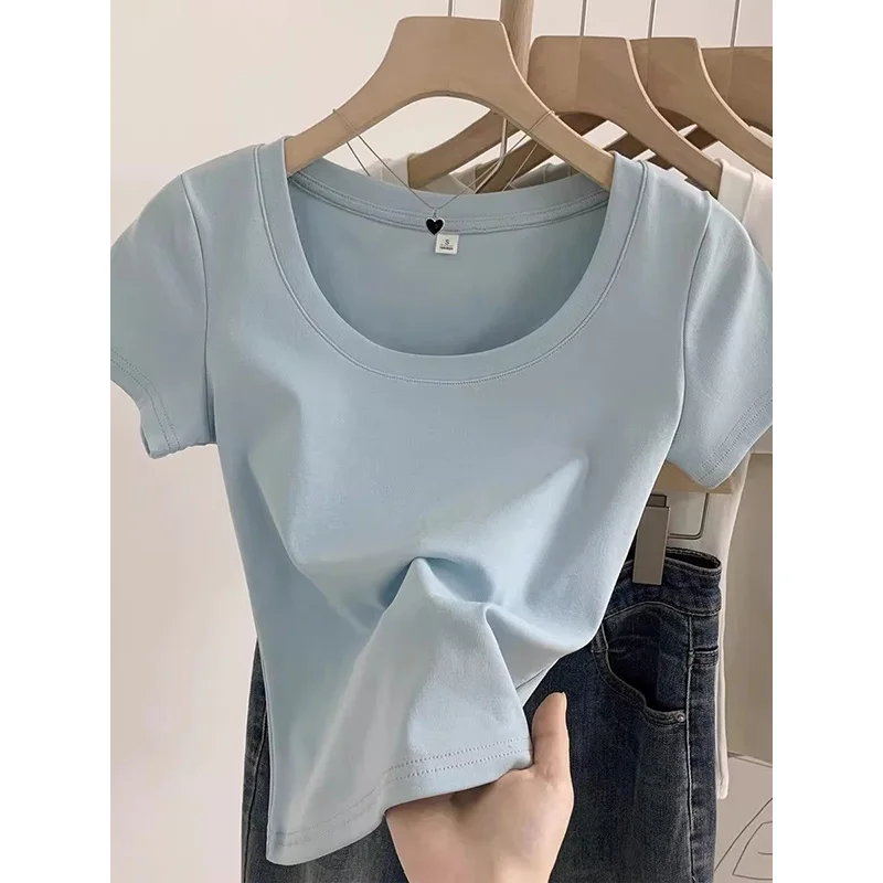 Summer New Style Women's Short Sleeve T-shirt Spicy Girl Korean Shoulder Width U-Neck Large Collar Top Dopaamine White Blue