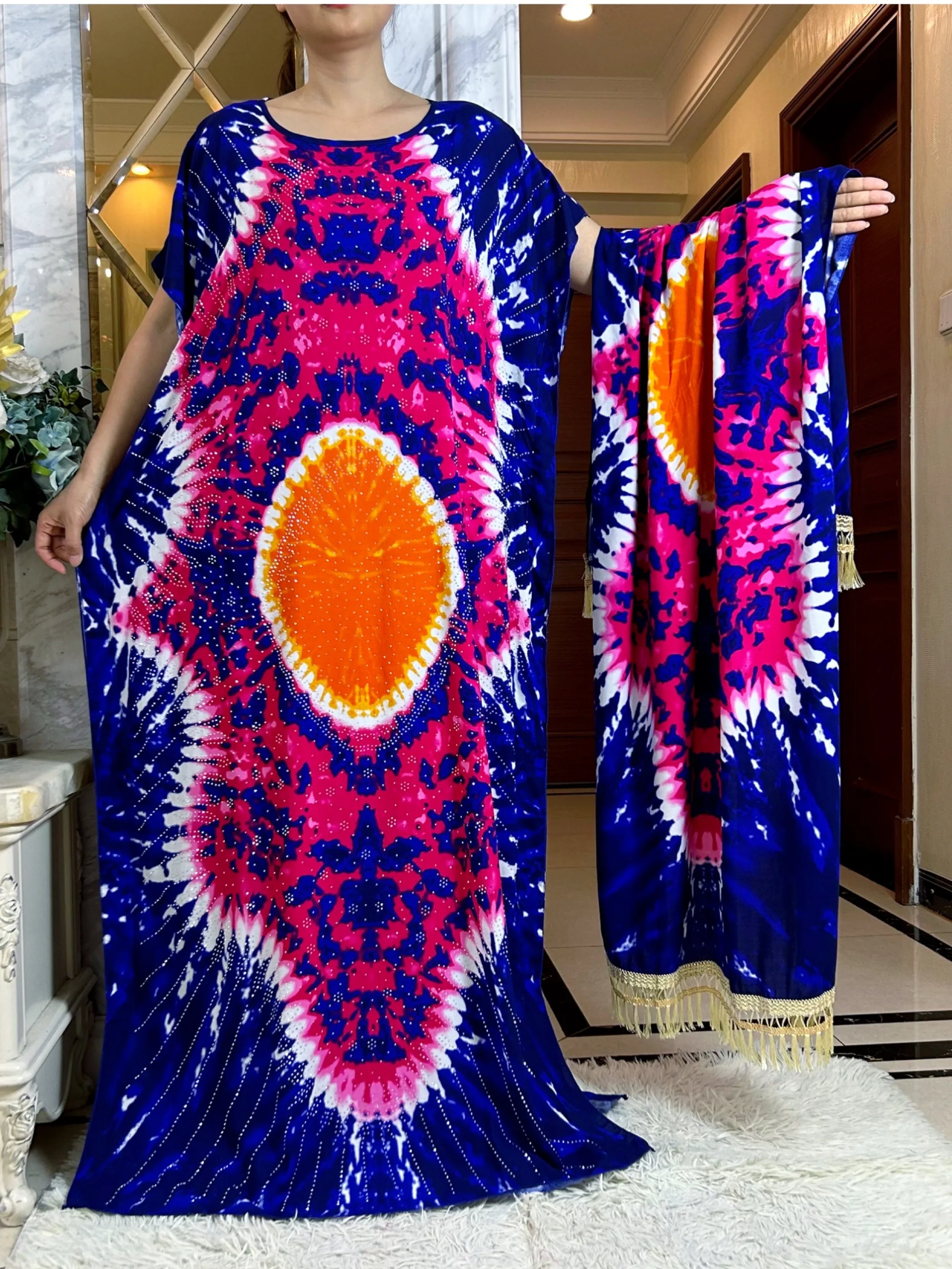 

2024New Muslim Cotton Abaya For Women Clothing Loose Short Sleeve Diamonds Printed Robe Islam Maxi African Dress With Big Scarf