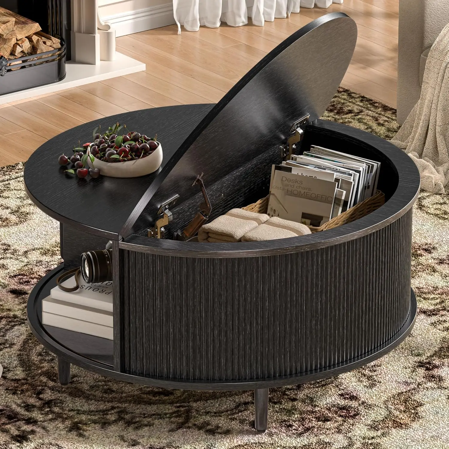 

Round Coffee Table, 31.5inch Fluted Center Table with Storage, Lift-Top Coffee Table with Adjustable Footpads