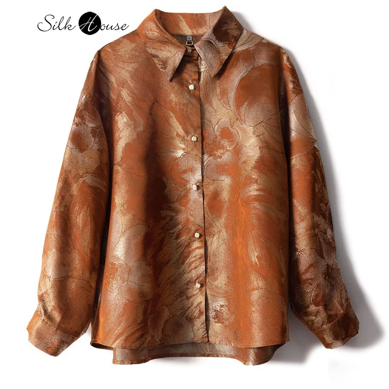 Coffee Colored Lotus Print 100% Natural Mulberry Silk Song Brocade Retro Versatile Comfortable Temperament Long Sleeved Shirt