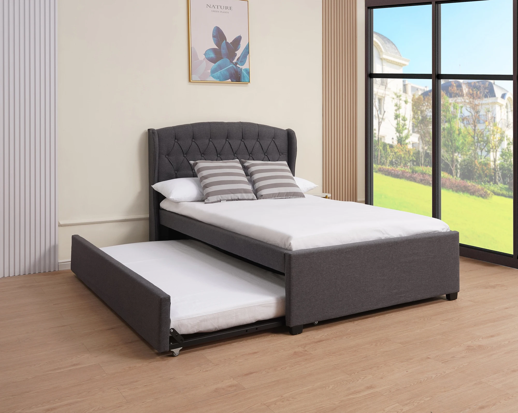 Queen Double Size Fabric Folding Bed Leather PU Beds With Additional Pull Out Trundle Beds for Children Guests Friends