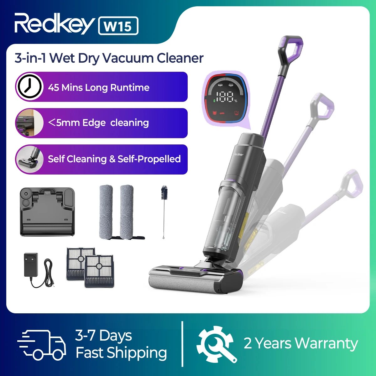 Aspirateur sec et humide sans fil Redkey W15 3 en 1, automotrice à lavage automatique, nettoyage des bords de 0,2 pouces, aspiration puissante, 45 minutes