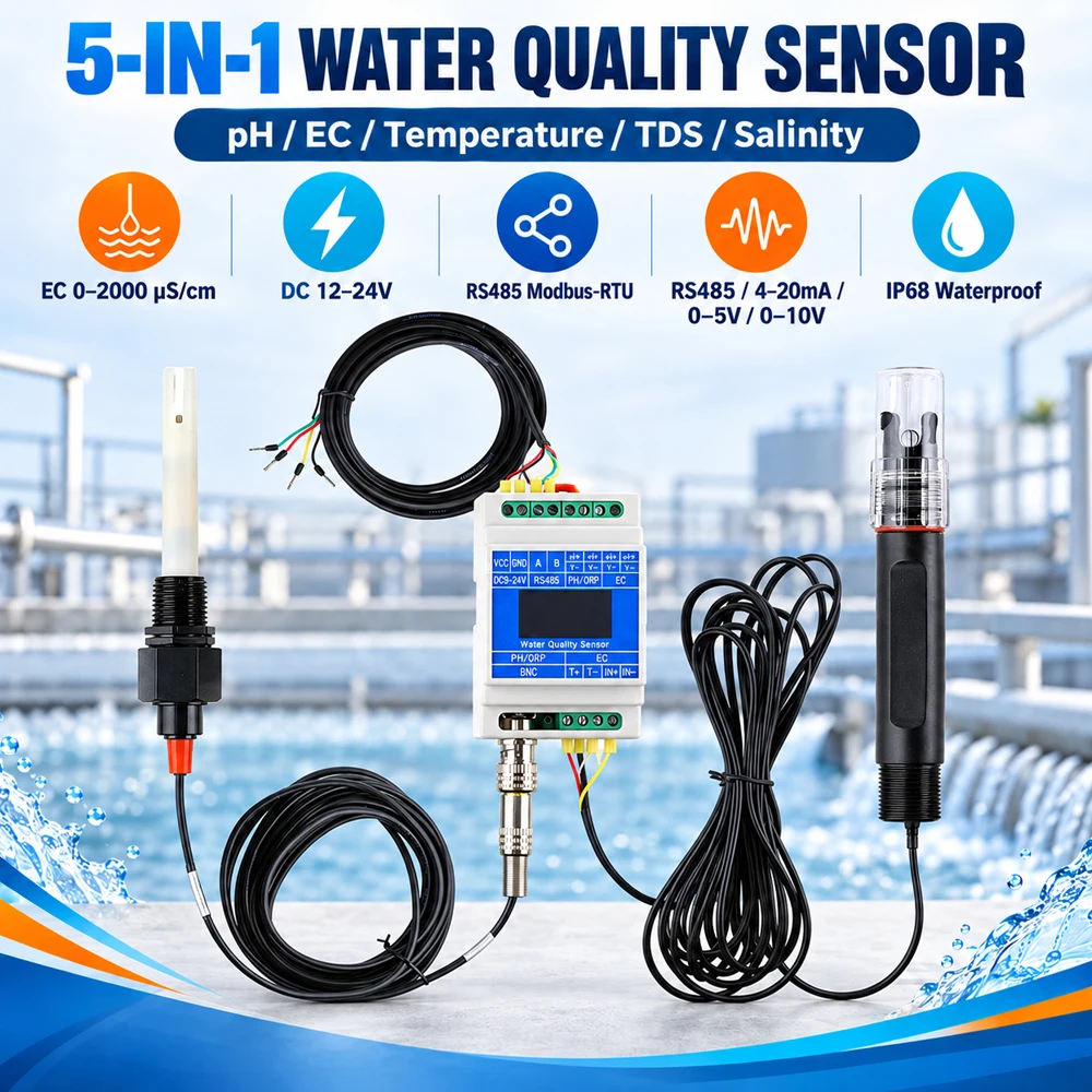 Water Quality Sensor Module PH EC Temperature Salinity TDS 5-in-1 with Display 0-20000uS/cm RS485 4-20mA Monitoring Transmitter