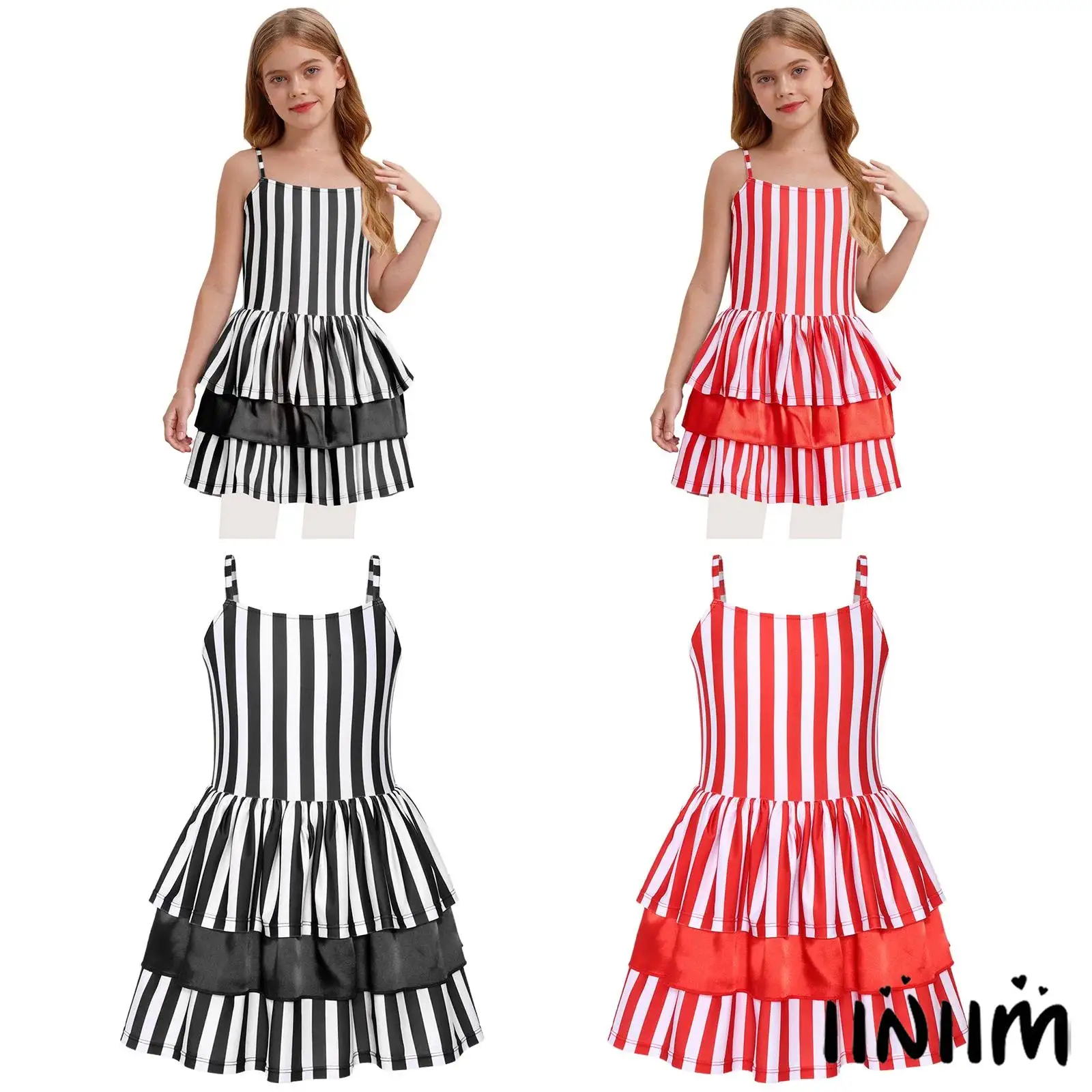 

Kids Girl Clown Striped Costumes Adjustable Straps Back Waist Bow Layered Ruffle Puffy Dress for Daily Life Cosplay Themed Party