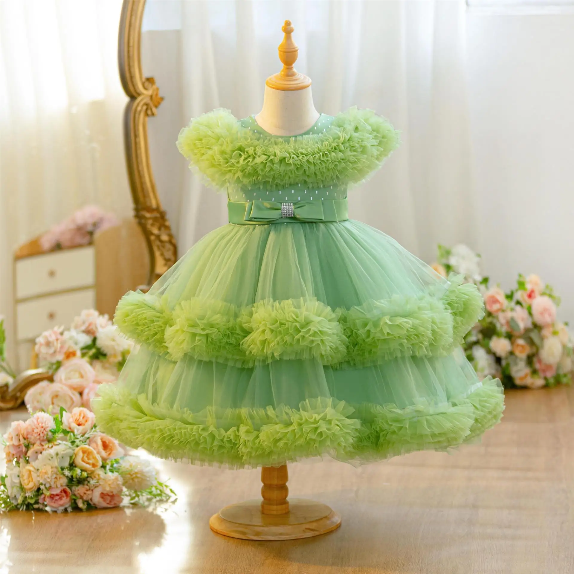 New Elegant  Solid Color Girl Princess Dress  4-12 years old piano performance girl dress birthday party wedding Girls Dress