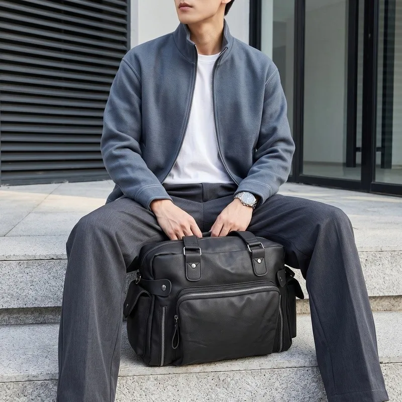 Vintage Men Leather Travel Duffle Weekender Bag Business Laptop Handbag Adjustable Strap Shoulder Crossbody Carry‑on Bag