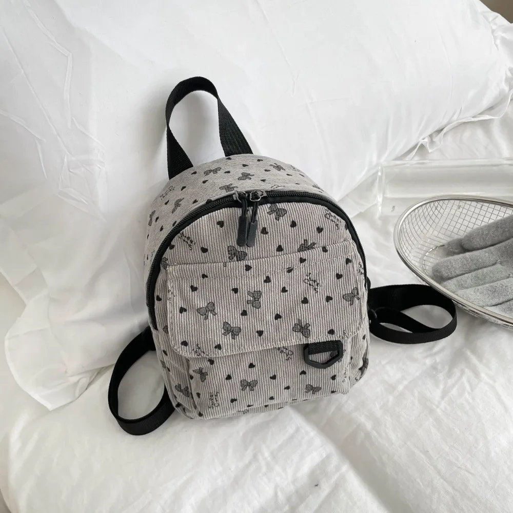 Cute Sweet Corduroy Mini Backpack Lightweight Heart Bow Print Shoulder Bag Zippered Opening Multi-compartment Rucksack Daily