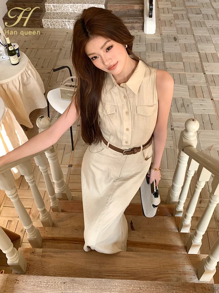 H Han Queen – robe chemise à revers pour femmes, style français, gaine crayon, Simple, solide, Slim, boutons, sans manches, robe de travail et d'affaires, été