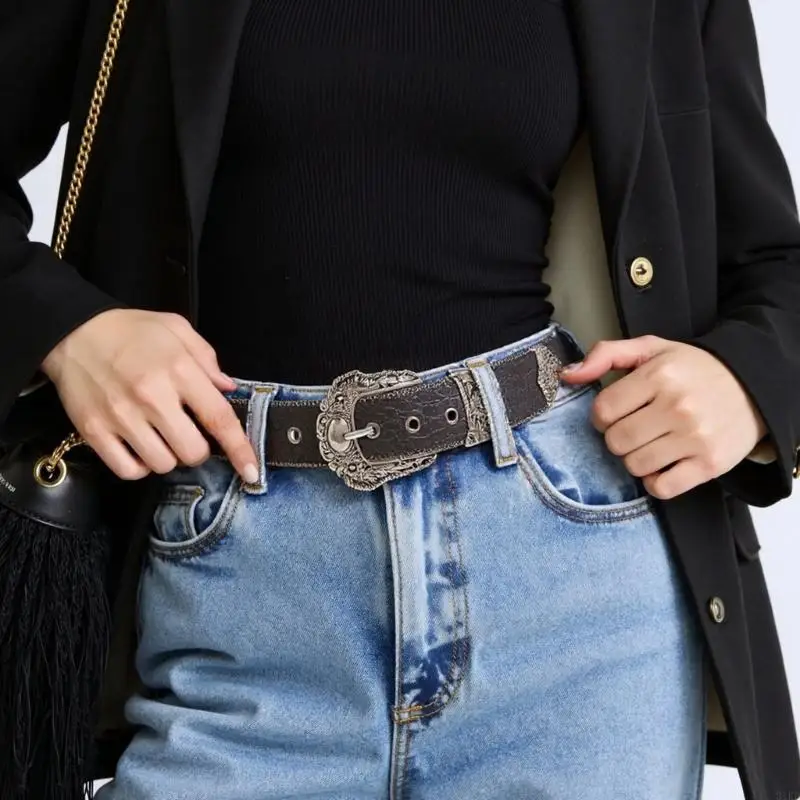 31KD Metal Carved Pin Buckle Belt Adult Nightclub Belt Music Festival Waist Accessory