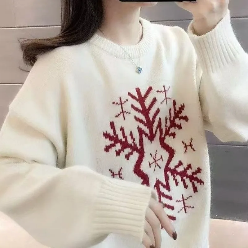 

New Christmas Snowflake New Year Sweater Autumn and Winter Thickened Base Strong Fashionable Loose Knitted Sweater Top
